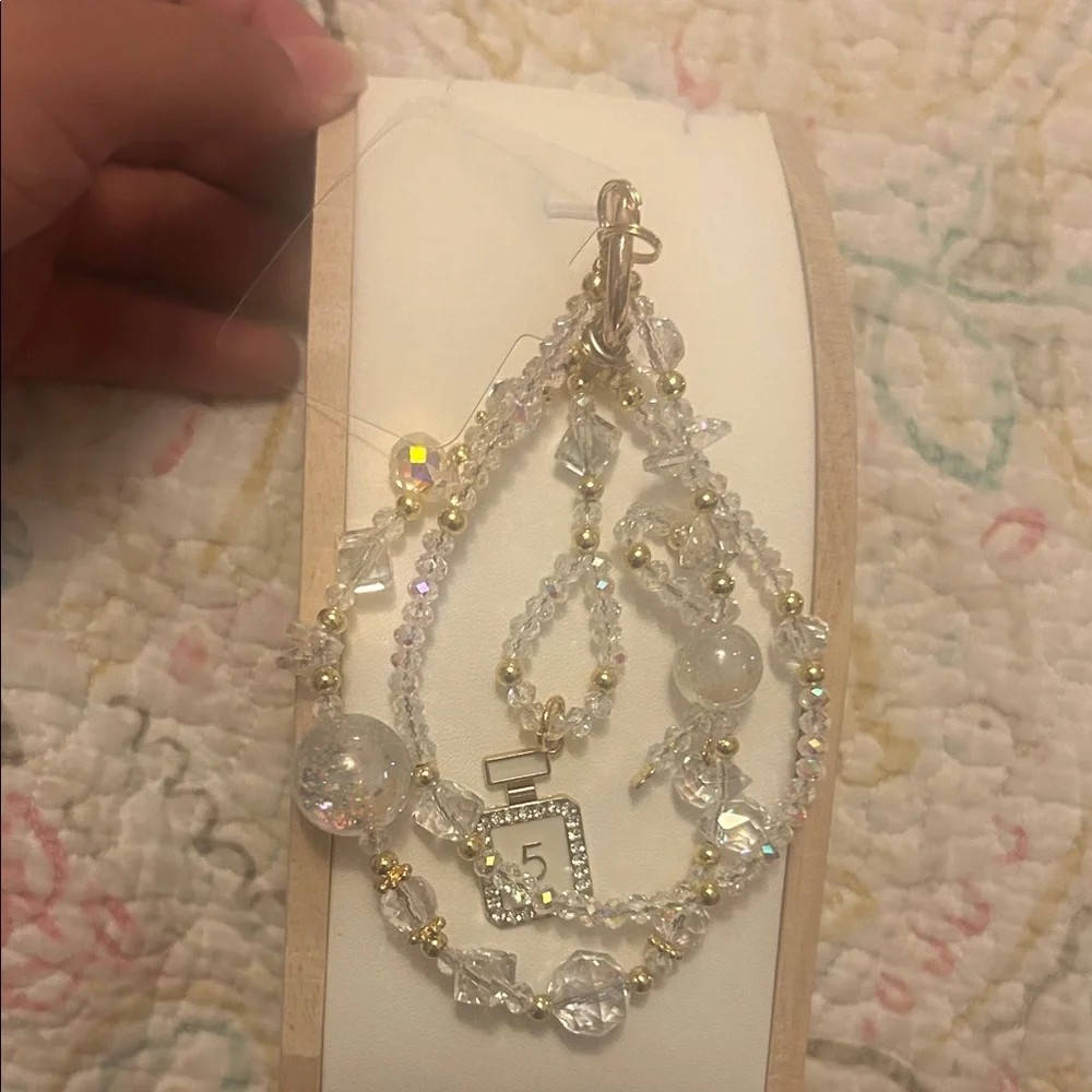 Clear Crystal Beaded phone chain  Bracelet with Number 5 perfume - Women Jewelry